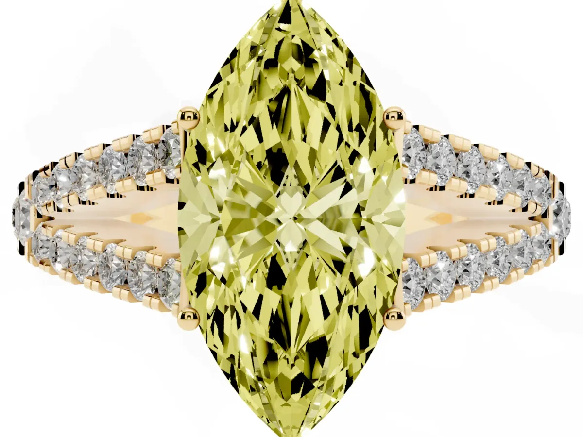 Fancy Yellow Marquise Cut Diamond Split Shank Pavé Engagement Ring with Four-Prong Setting Yellow gold