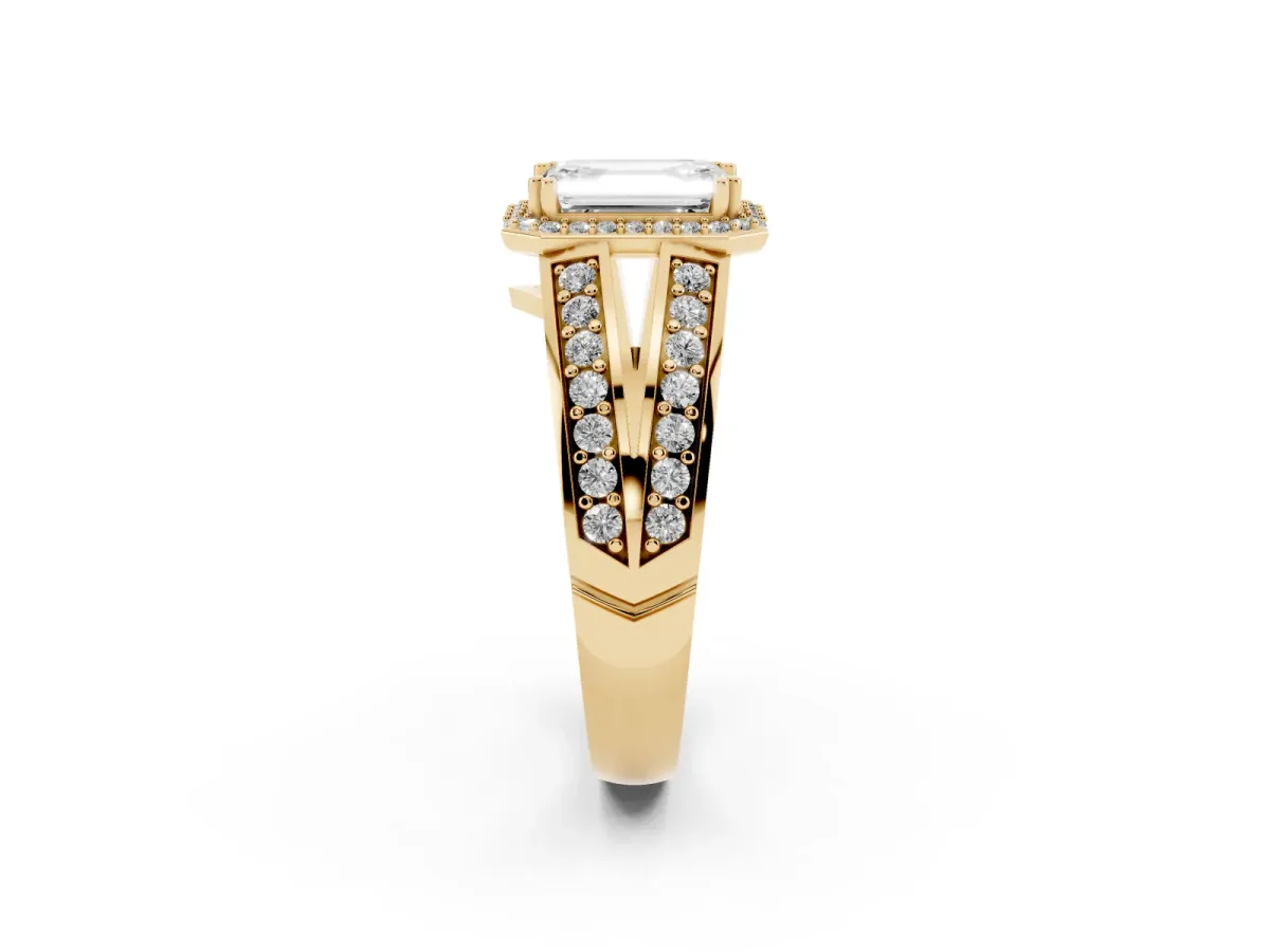 Emerald Cut Diamond Halo Ring with Split Shank Pavé Band and Four-Prong Setting Yellow gold
