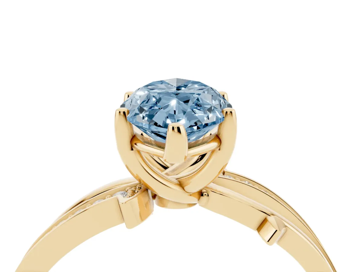 Fancy Blue Marquise Cut Solitaire Twist Band with Pavé Accents and Four-Prong Setting Yellow gold