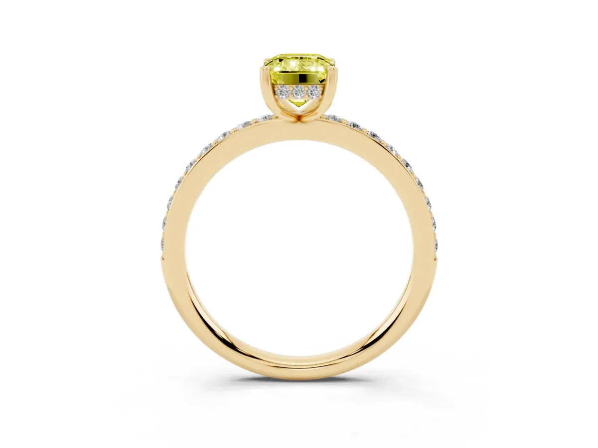 Fancy Yellow Emerald Cut Cut Diamond Pavé Band Ring with Four-Prong Setting Yellow gold
