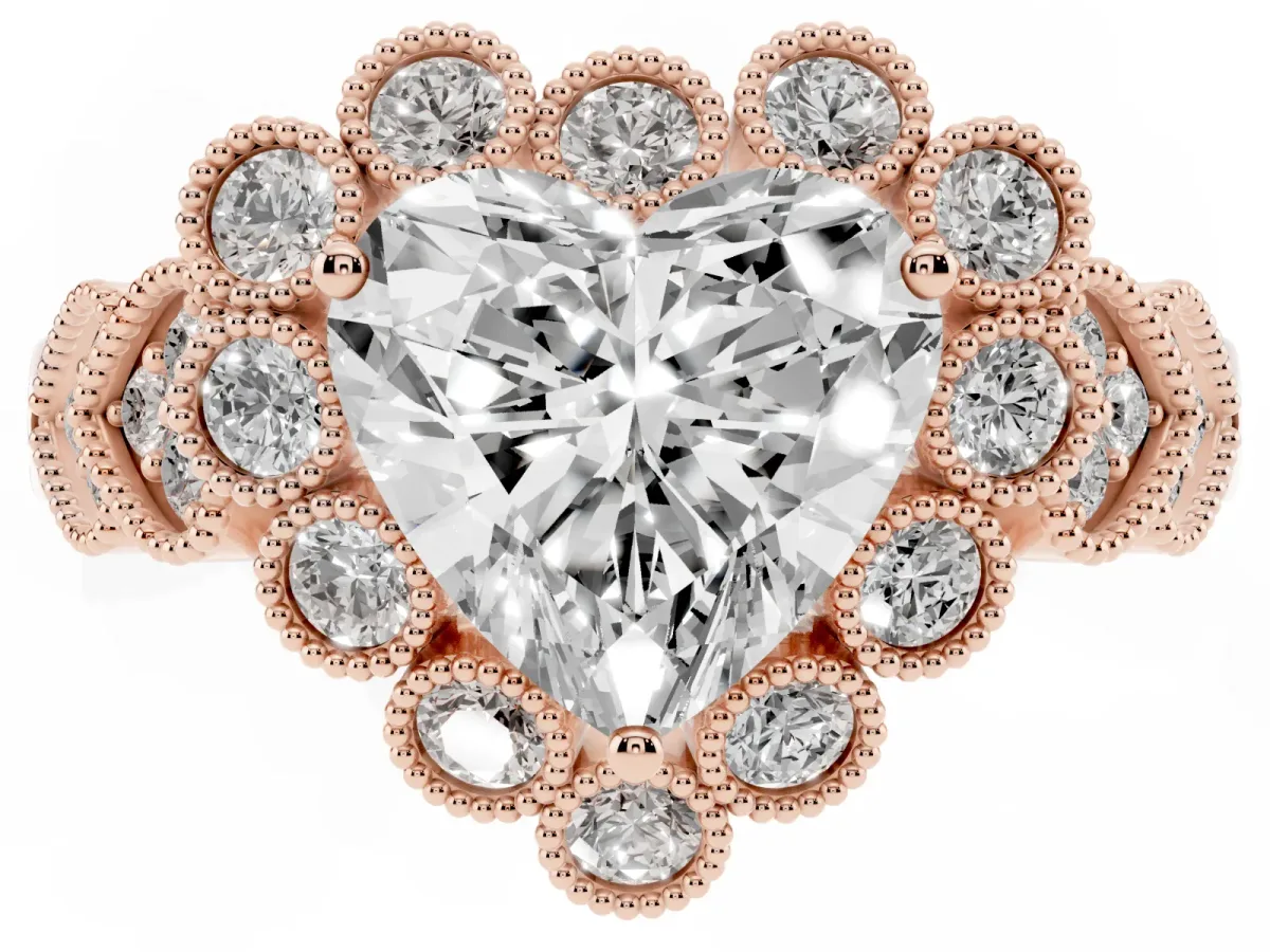 Heart Cut Brilliant Milgrain Pave Heart Band Solitaire Ring Rose gold
