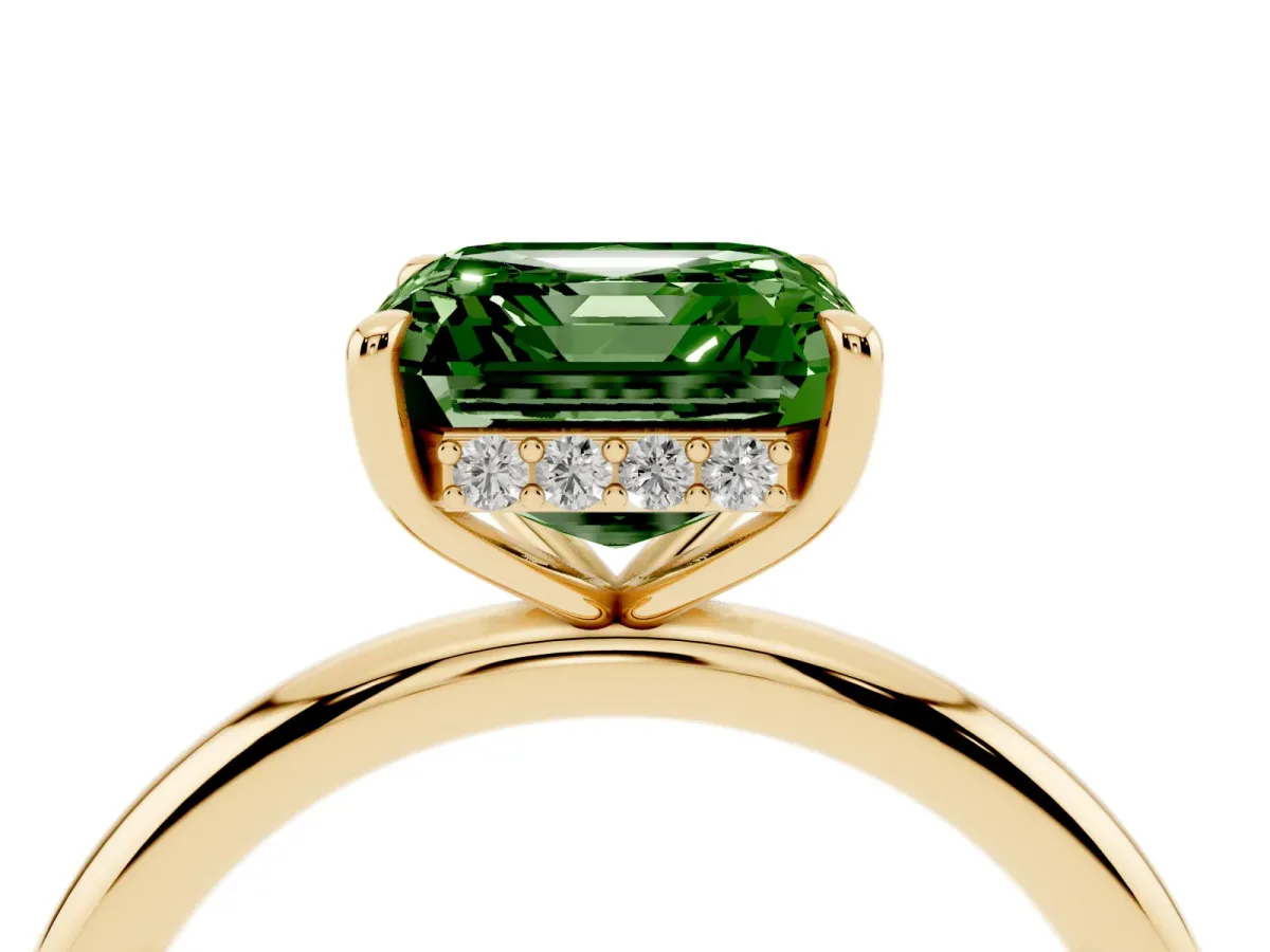 Fancy Green Asscher Cut Diamond Solitaire Ring with Thin Band and Four-Prong Setting Yellow gold