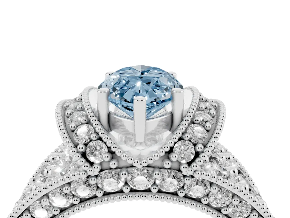 Fancy Blue Marquise Cut Halo Pave Diamond Engagement Ring with Milgrain Detailing White gold