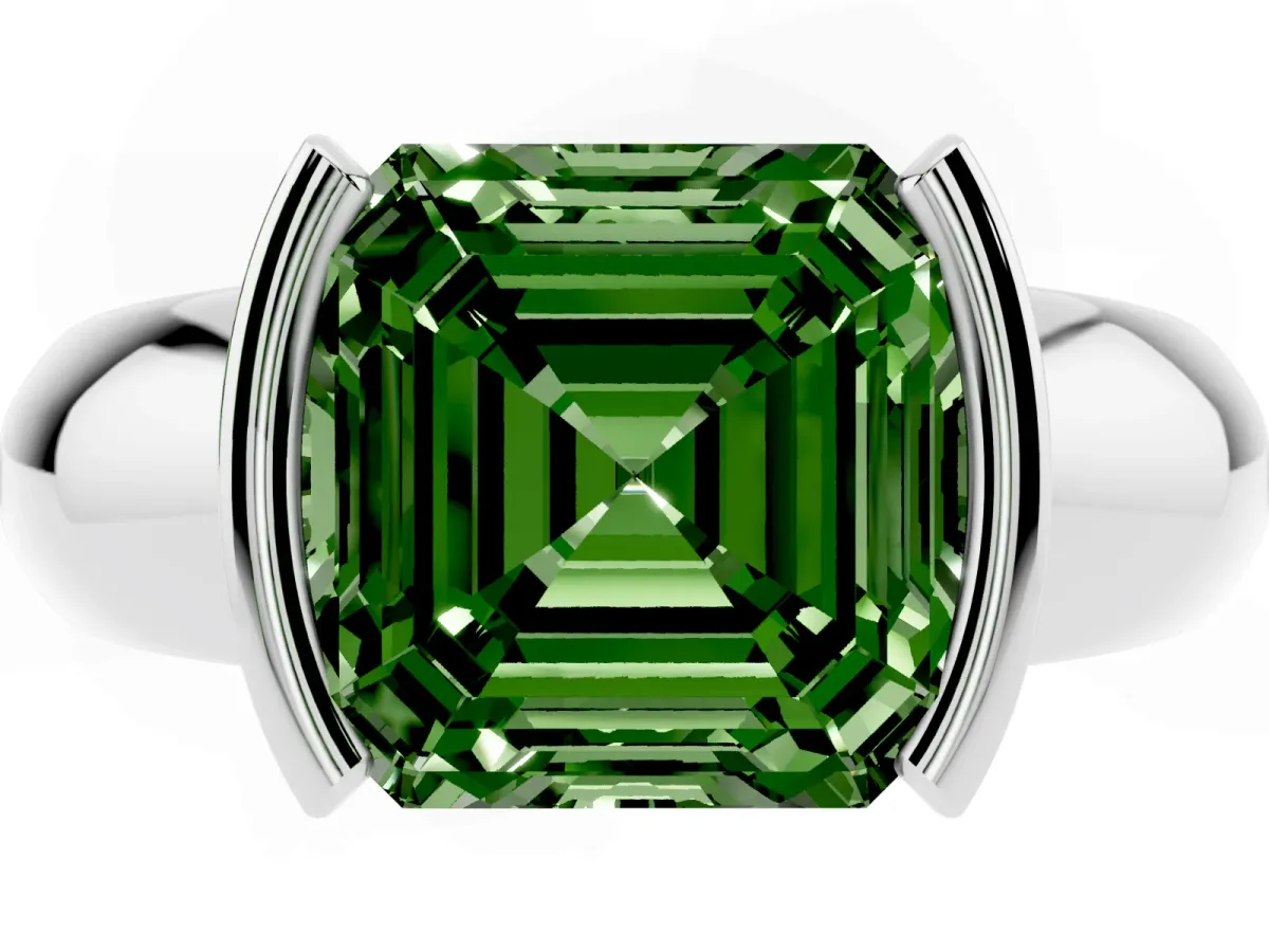 Fancy Green Asscher Cut Solitaire Tension Set Diamond Ring with Wide Band White gold