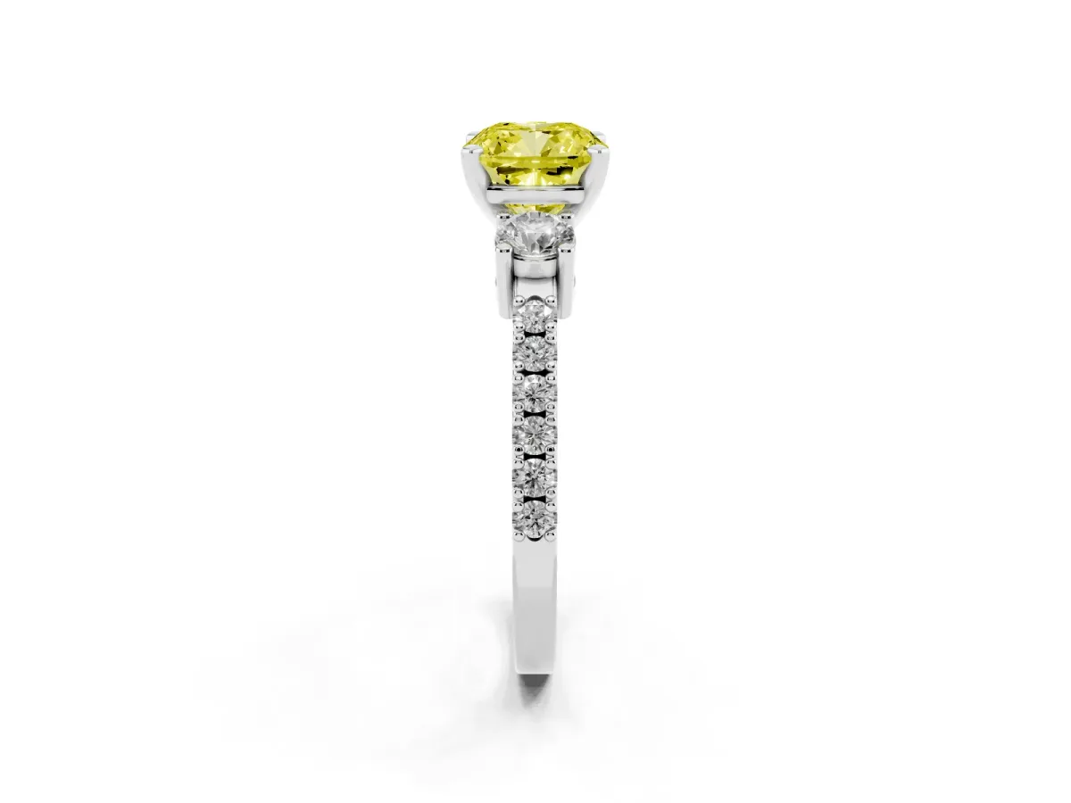 Fancy Yellow Cushion Cut Three-Stone Diamond Pavé Band with Prong Setting Platinum