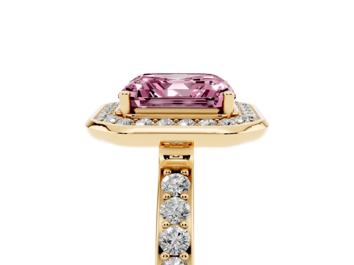 Fancy Pink Asscher Cut Diamond Halo Ring with Bezel Frame and Pavé Band Yellow gold