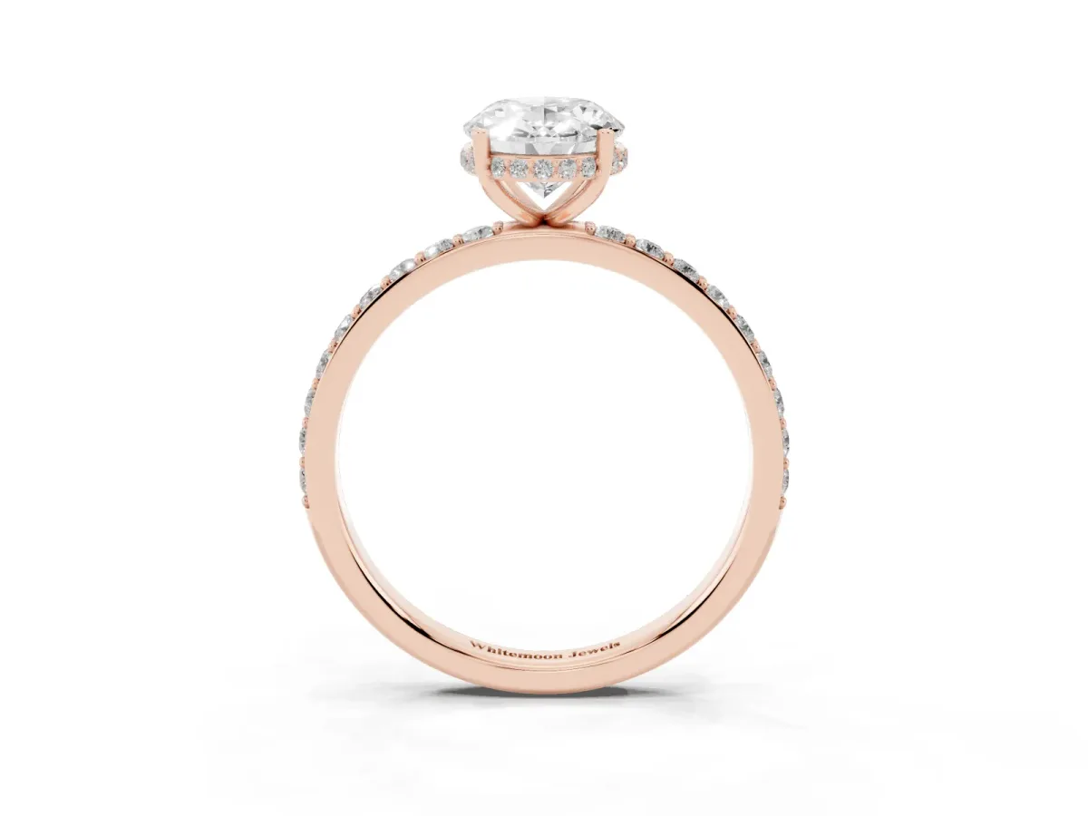 Oval Cut Diamond Solitaire Ring with Pavé Band and Hidden Halo Rose gold