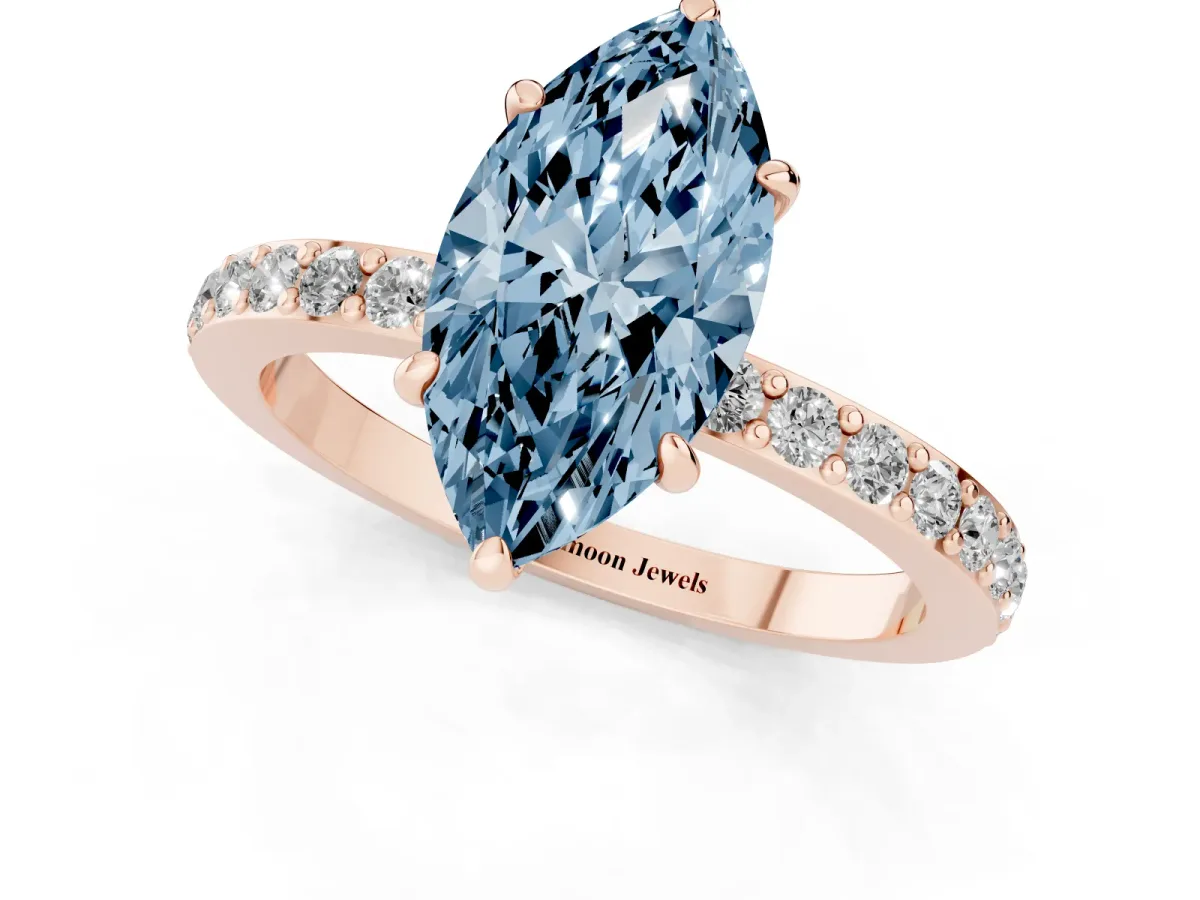 Fancy Blue Marquise Cut Diamond Pavé Engagement Ring with Round Accents and Prong Setting Rose gold