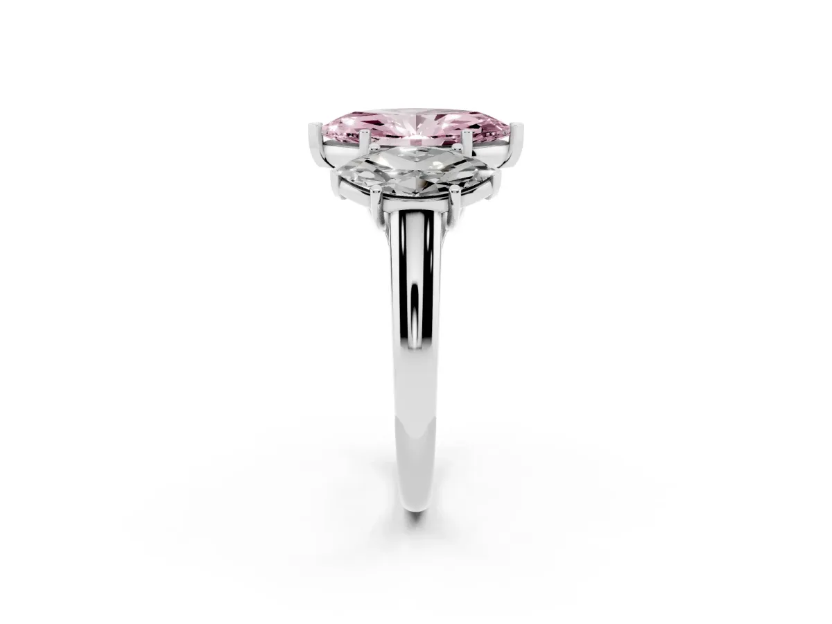 Fancy Pink Three-Stone Marquise Cut Diamond Engagement Ring with Prong Setting Platinum