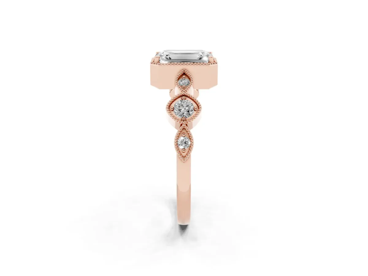 Emerald Cut Diamond Vintage Milgrain Ring with Round Stations Rose gold