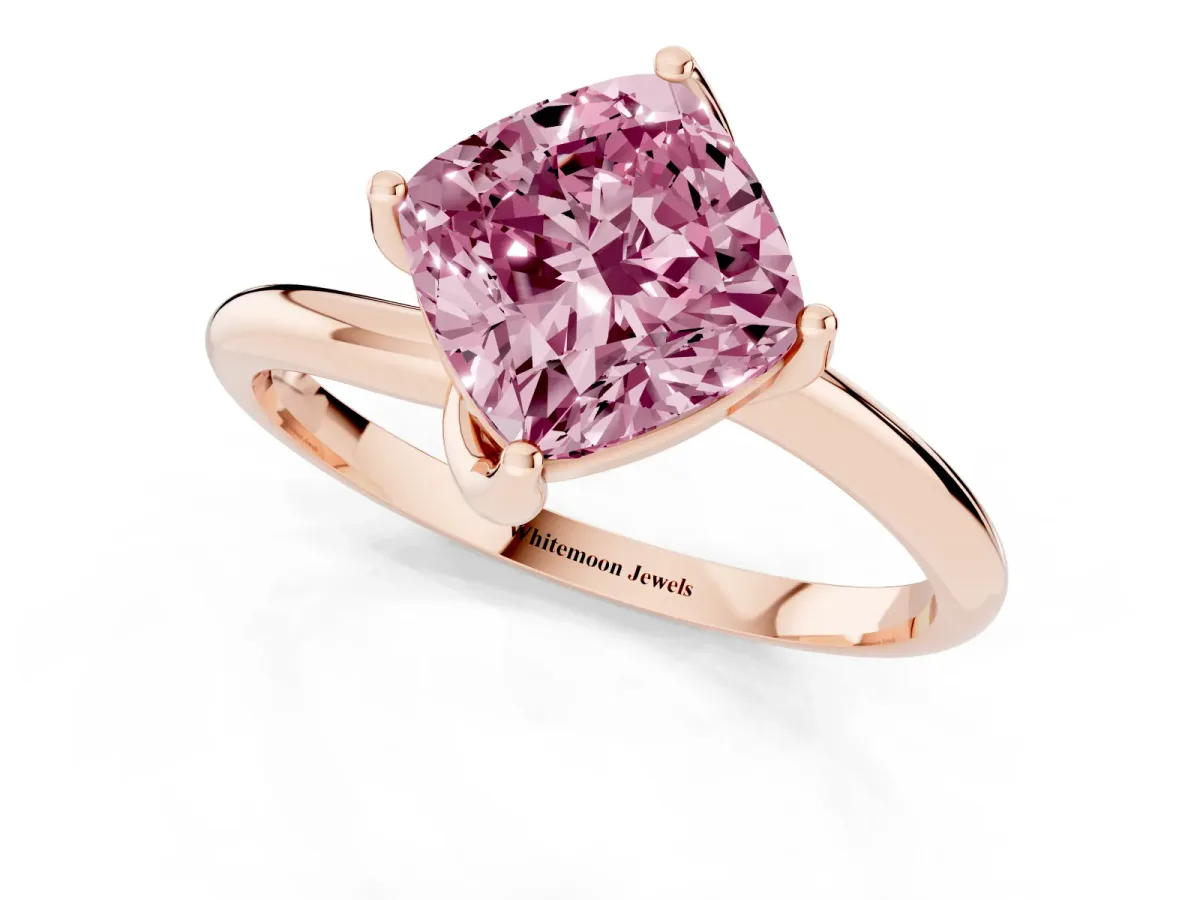 Fancy Pink Cushion Cut Diamond Solitaire Engagement Ring with Four-Prong Setting and Classic Band Rose gold