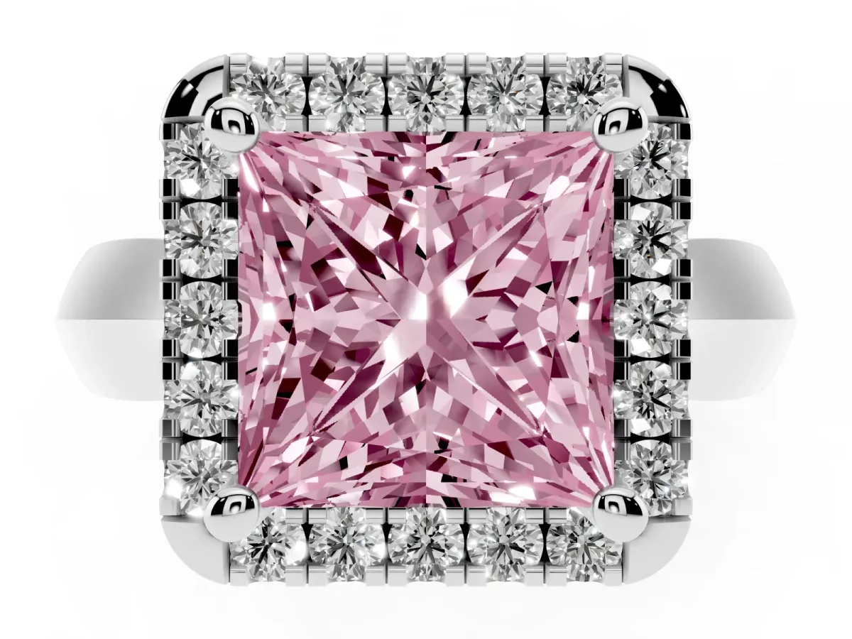 Fancy Pink Princess Cut Cut Halo Solitaire Engagement Ring with Square Band and Four-Prong Setting White gold