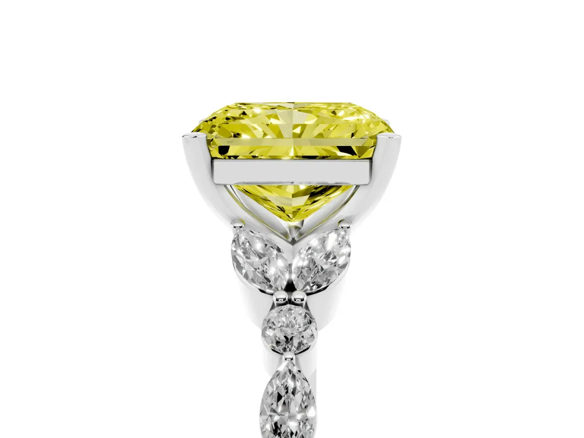 Fancy Yellow Radiant Cut Diamond Solitaire Ring with Side Stones and Four-Prong Setting Silver