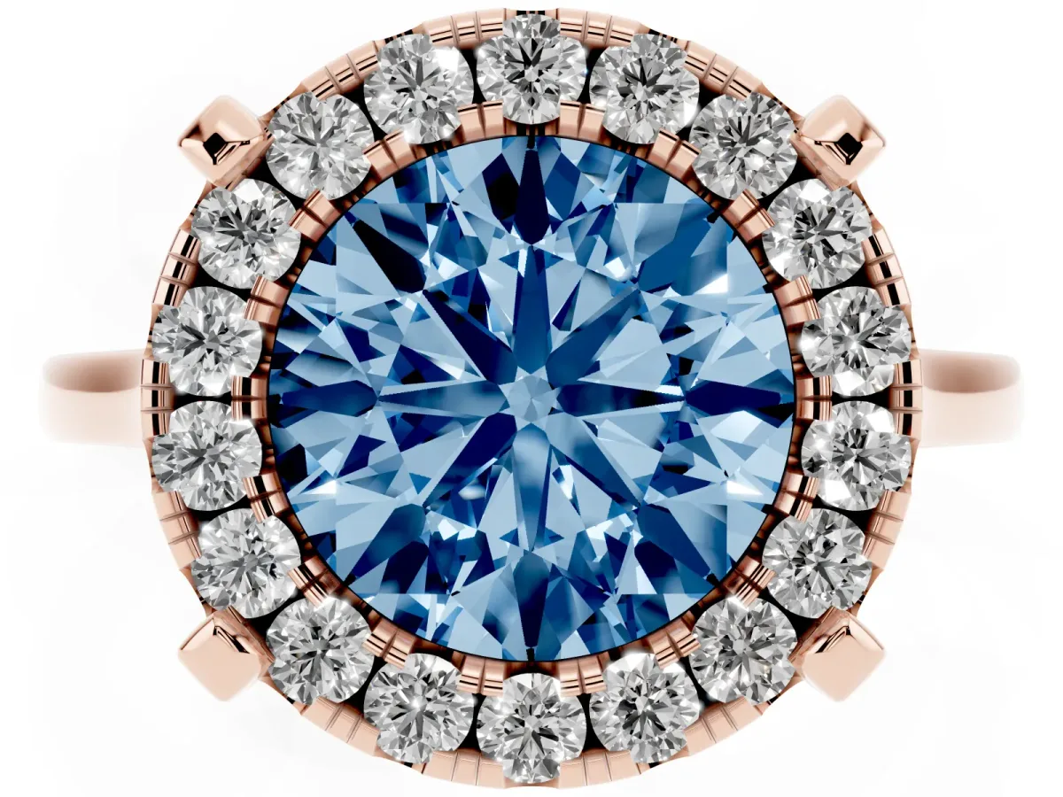 Fancy Blue Round Cut Diamond Cluster Halo Solitaire with Four-Prong Setting Rose gold