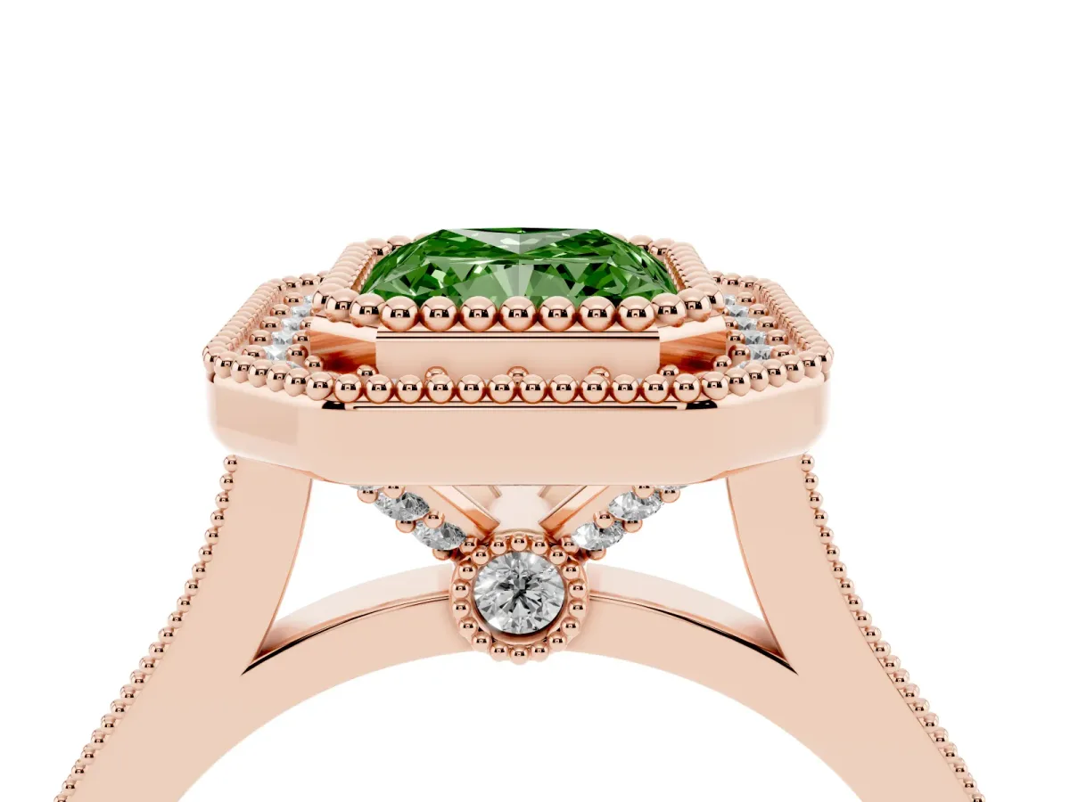 Fancy Green Radiant Cut Diamond Halo Ring with Milgrain Frame and Pavé Band Rose gold