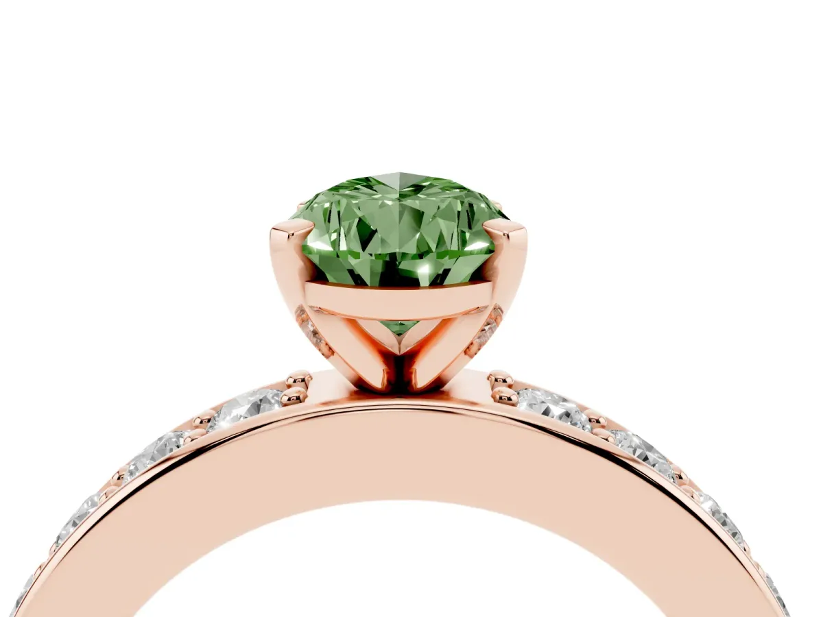 Fancy Green Pear Cut Diamond Engagement Ring with Channel Set Round Band and Prong Setting Rose gold