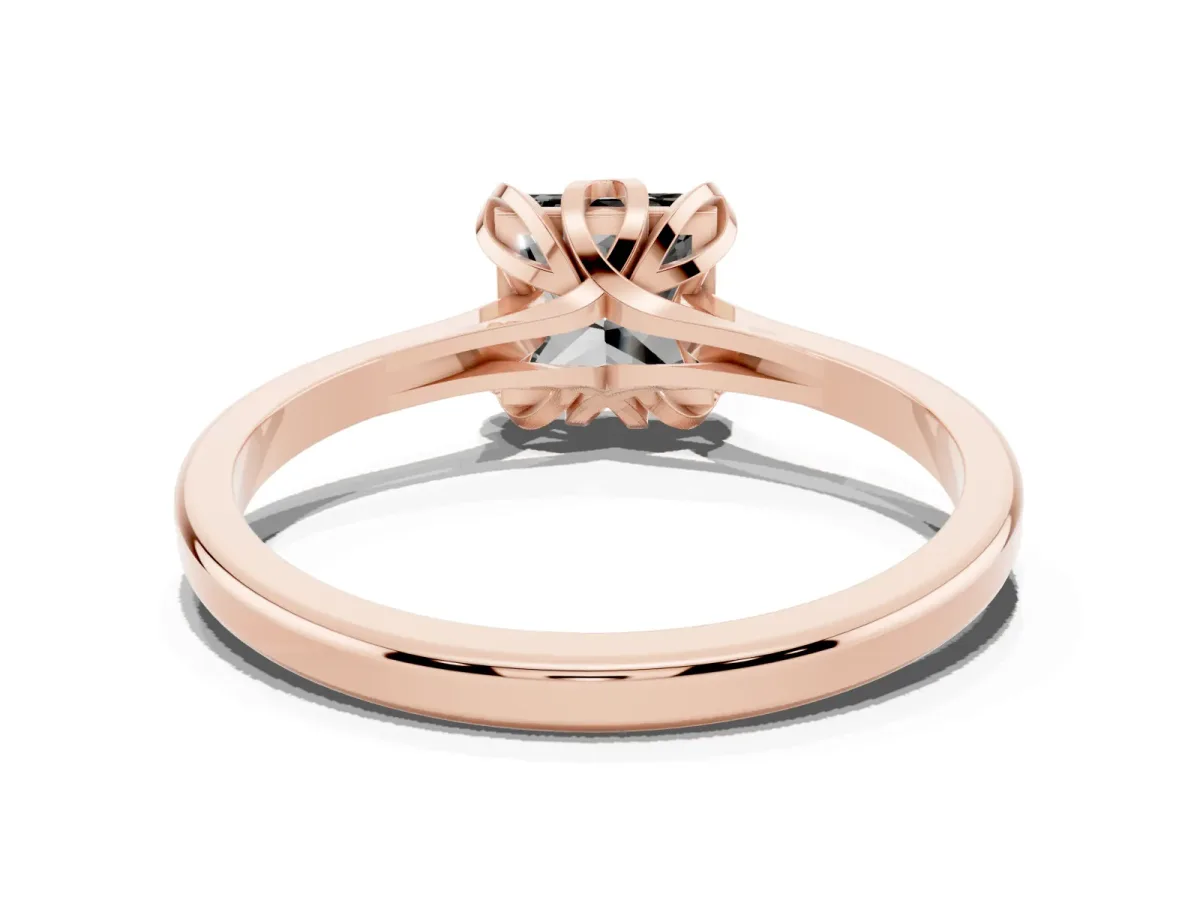Fancy Black Princess Cut Diamond Solitaire Ring with Flower Prong Setting and Classic Band Rose gold