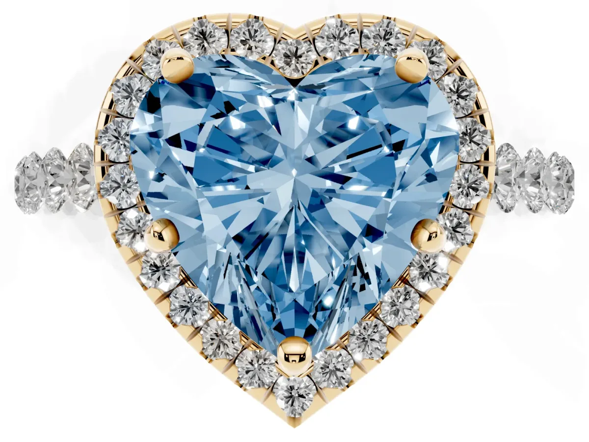 Fancy Blue Heart Cut Halo Pavé Diamond Engagement Ring with Four-Prong Setting Yellow gold