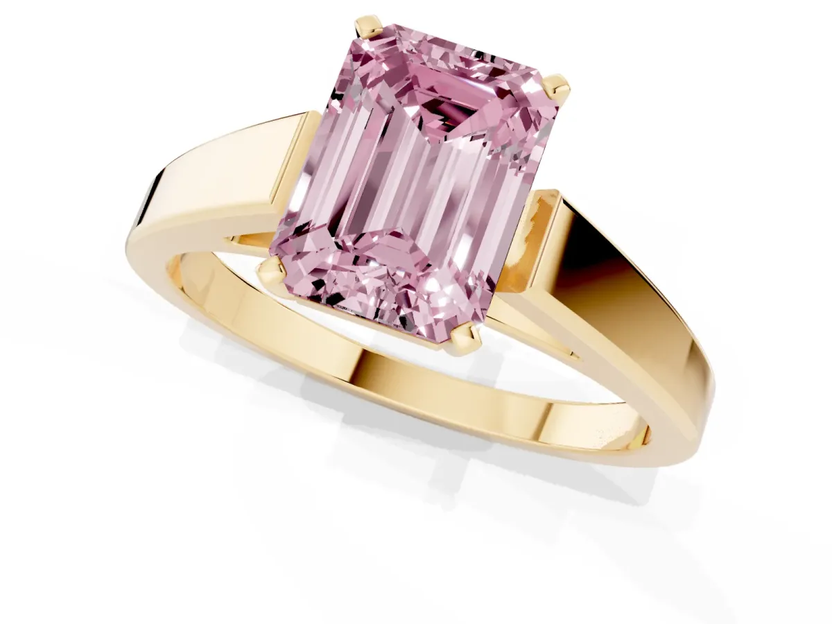 Fancy Pink Emerald Cut Solitaire Engagement Ring with Four-Prong Setting and Tapered Band Yellow gold