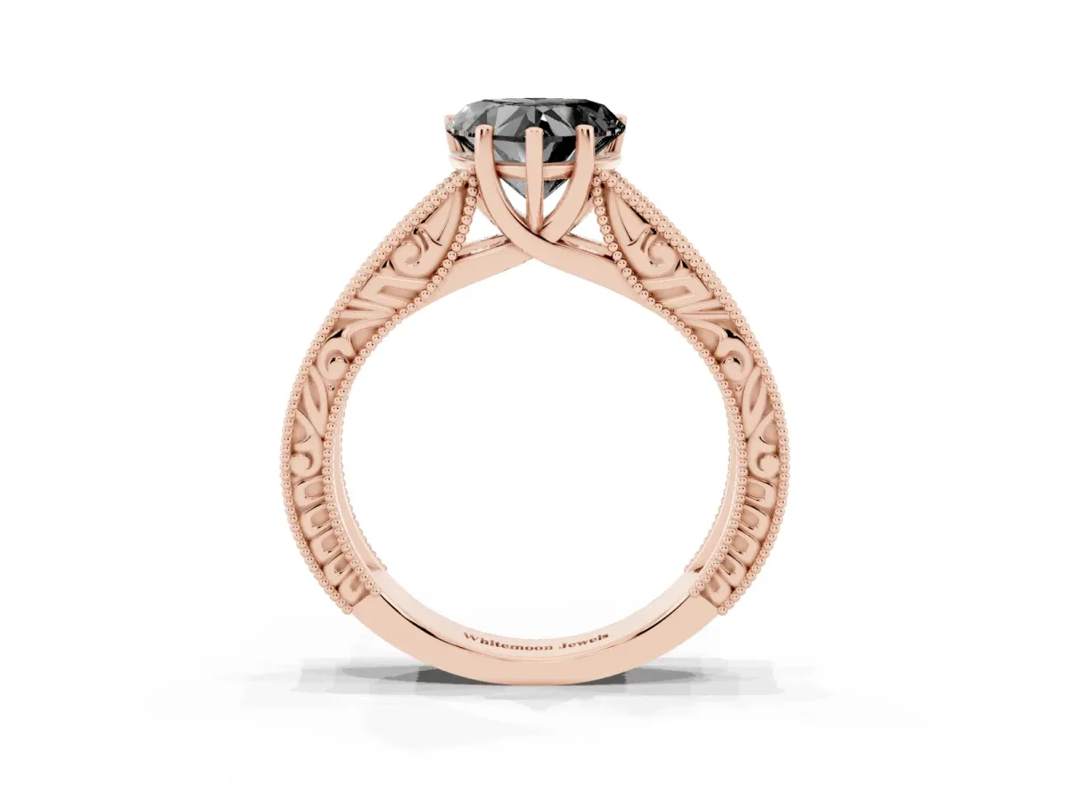 Fancy Black Heart Cut Diamond Solitaire Ring with Engraved Band and Four-Prong Setting Rose gold