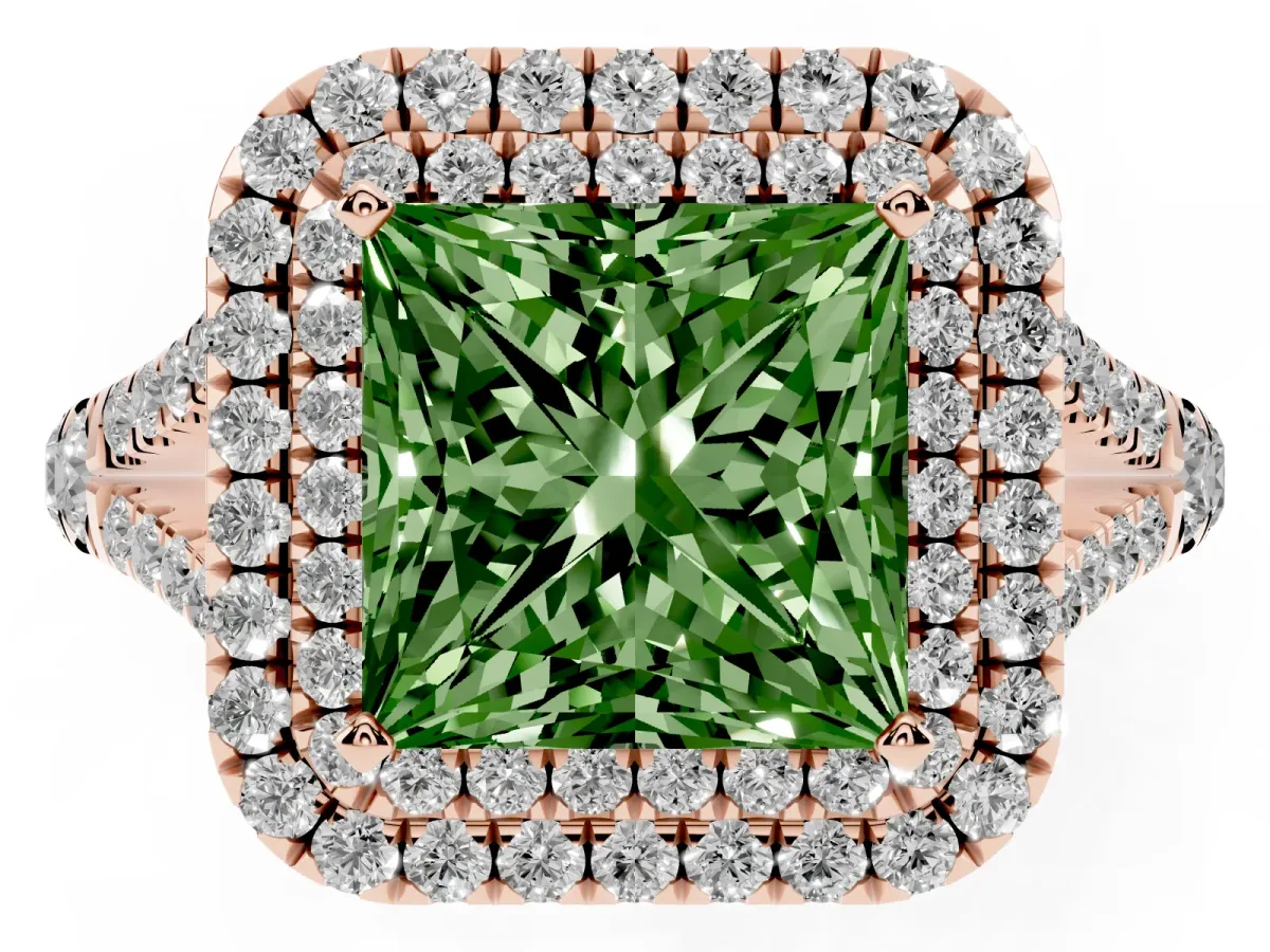 Fancy Green Princess Cut Cut Double Halo Split Shank Diamond Ring with Prong Setting Rose gold