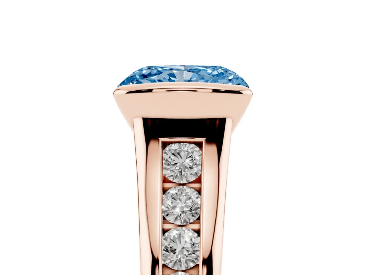 Fancy Blue Radiant Cut Solitaire Bezel-Set Diamond Ring with Channel-Set Band Rose gold