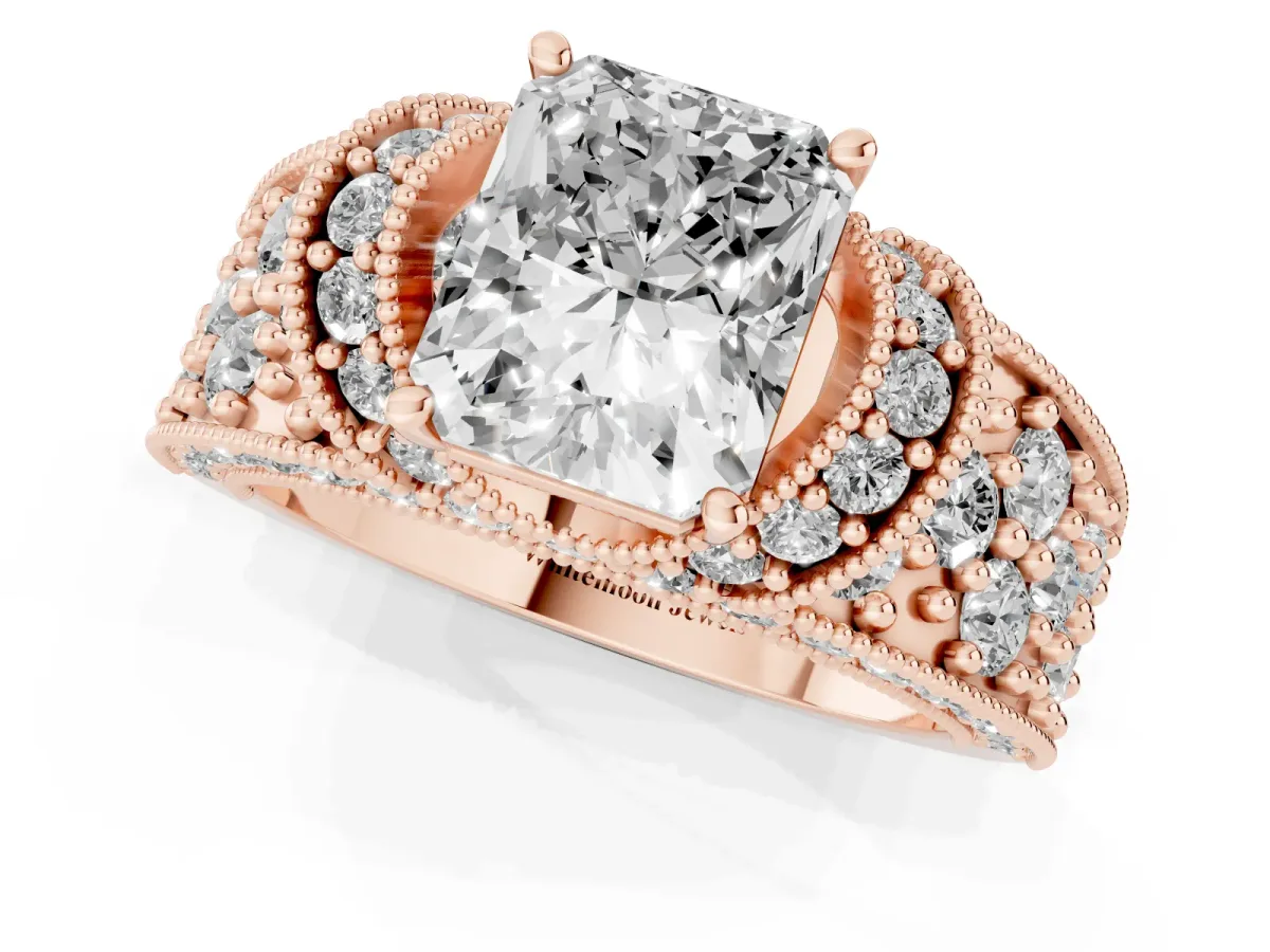 Radiant Cut Halo Pave Diamond Engagement Ring with Milgrain Detailing Rose gold
