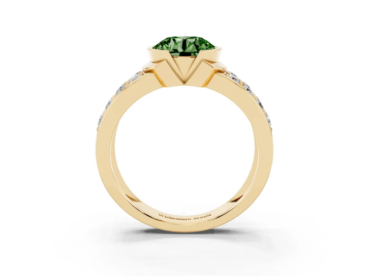 Fancy Green Round Cut Brilliant Diamond Channel Set Wide Band Ring with Bezel Setting Yellow gold
