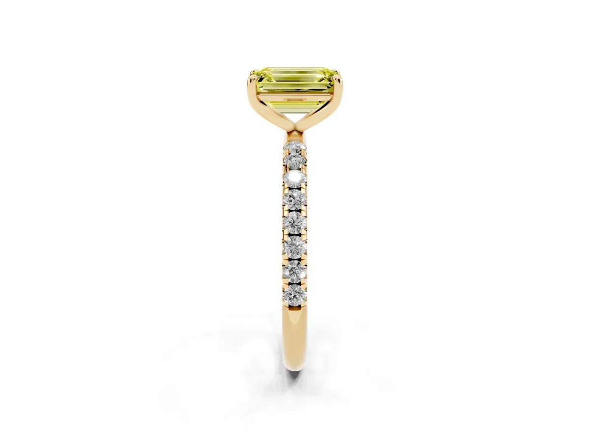 Fancy Yellow Emerald Cut Cut Diamond Solitaire Ring with Micro Pave Band and Four Prong Setting Yellow gold