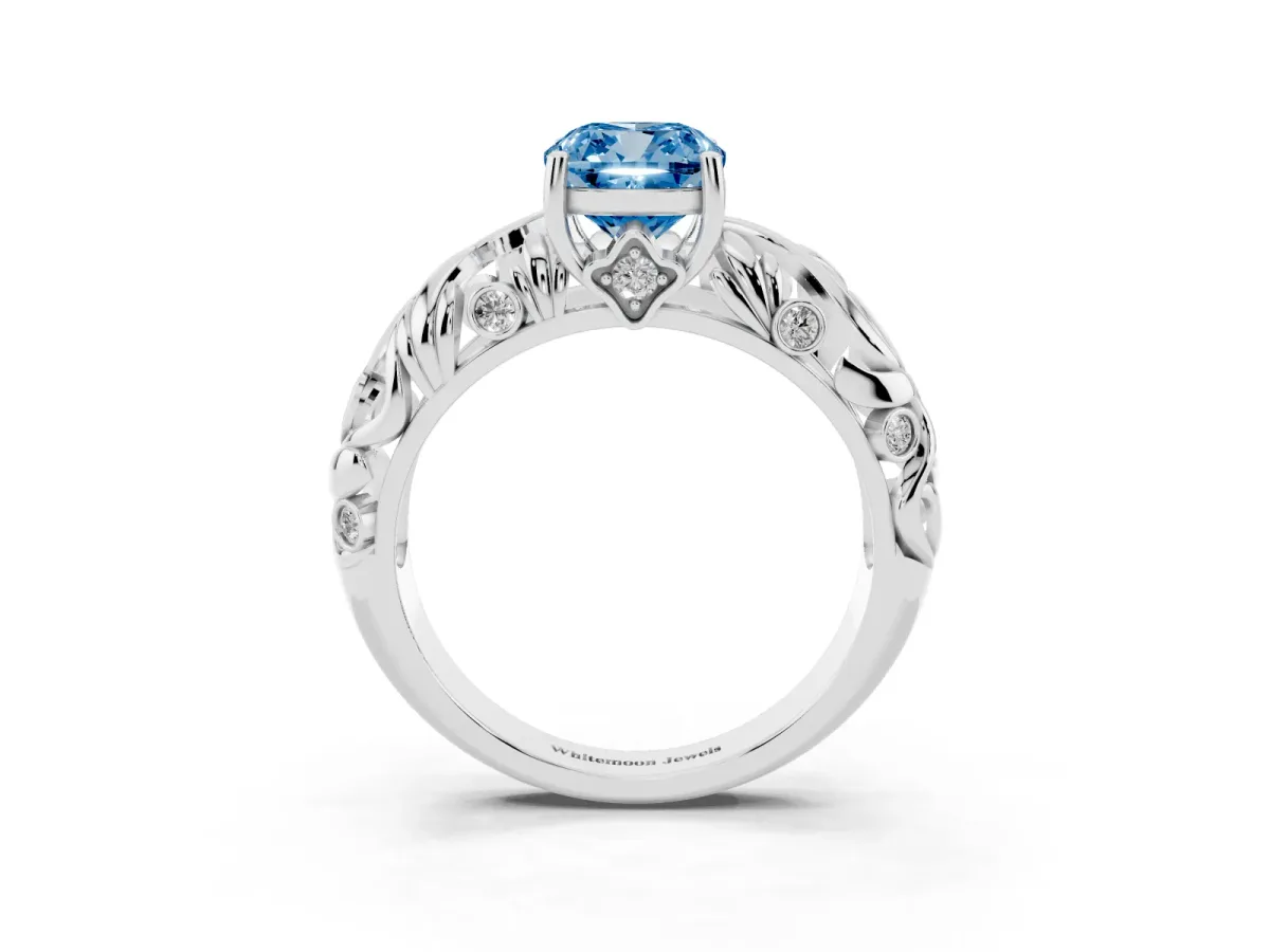 Fancy Blue Cushion Cut Solitaire Diamond Leaf-Inspired Vine Band Ring with Prong Setting Silver