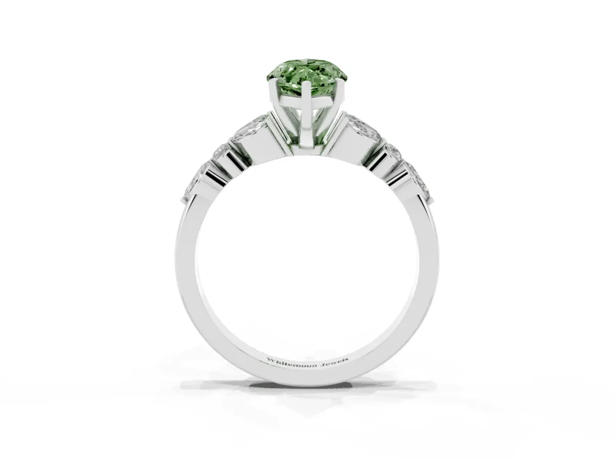 Fancy Green Marquise Cut Diamond Solitaire Ring with Side Stones and Four-Prong Setting Silver