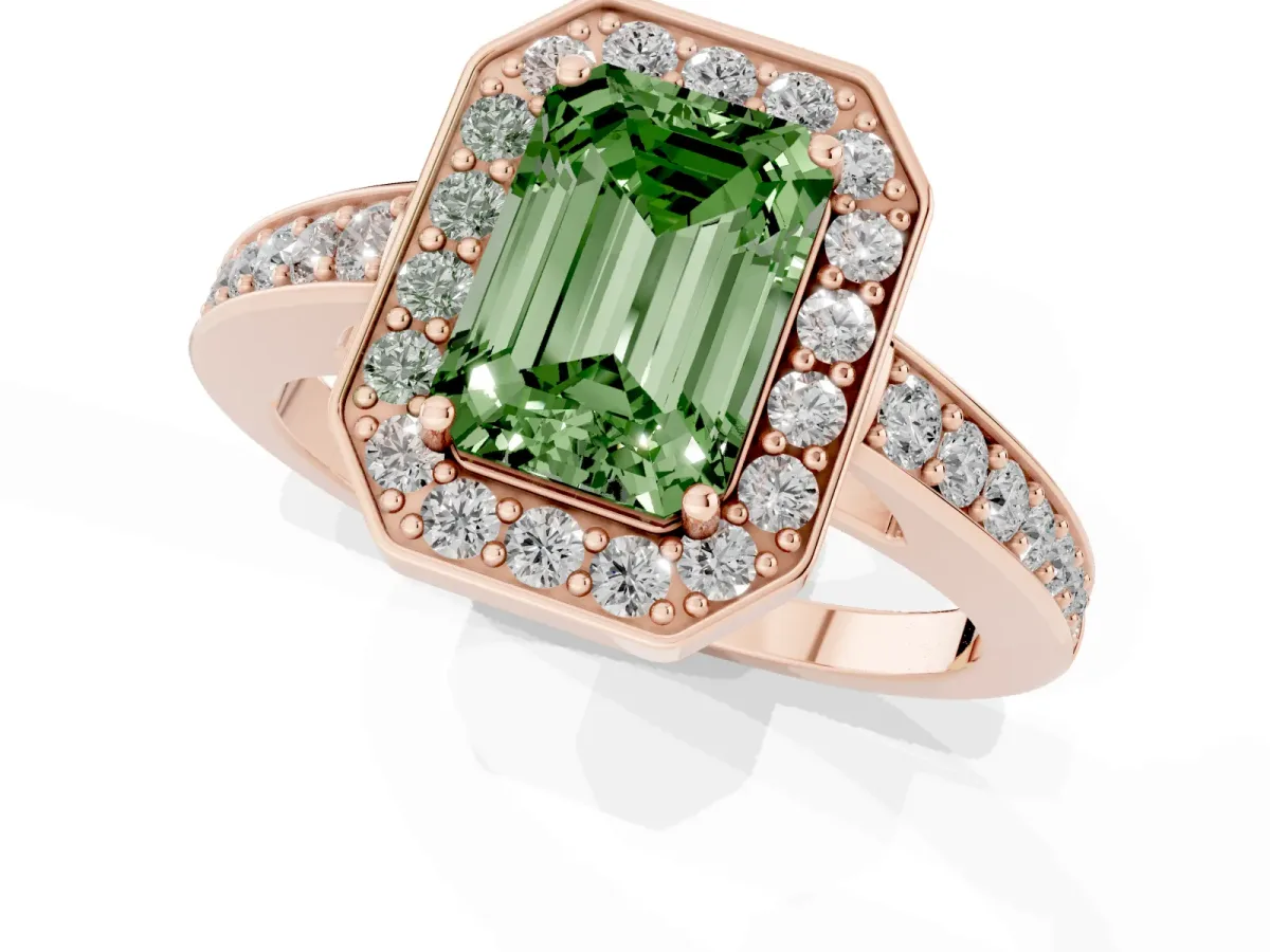 Fancy Green Emerald Cut Halo Pavé Diamond Engagement Ring with Bezel Setting Rose gold