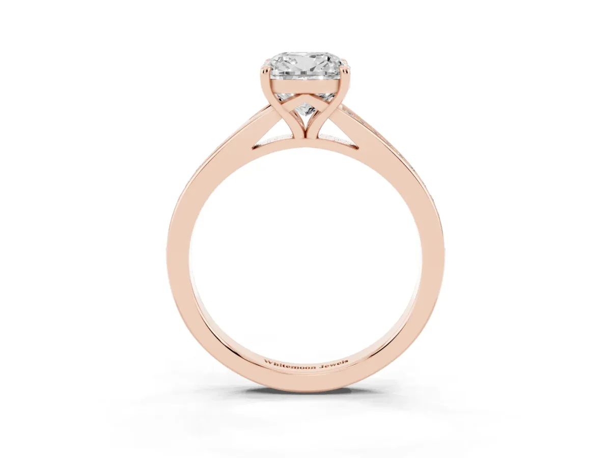 Cushion Cut Diamond Solitaire Ring with Pavé Band and Prong Setting Rose gold