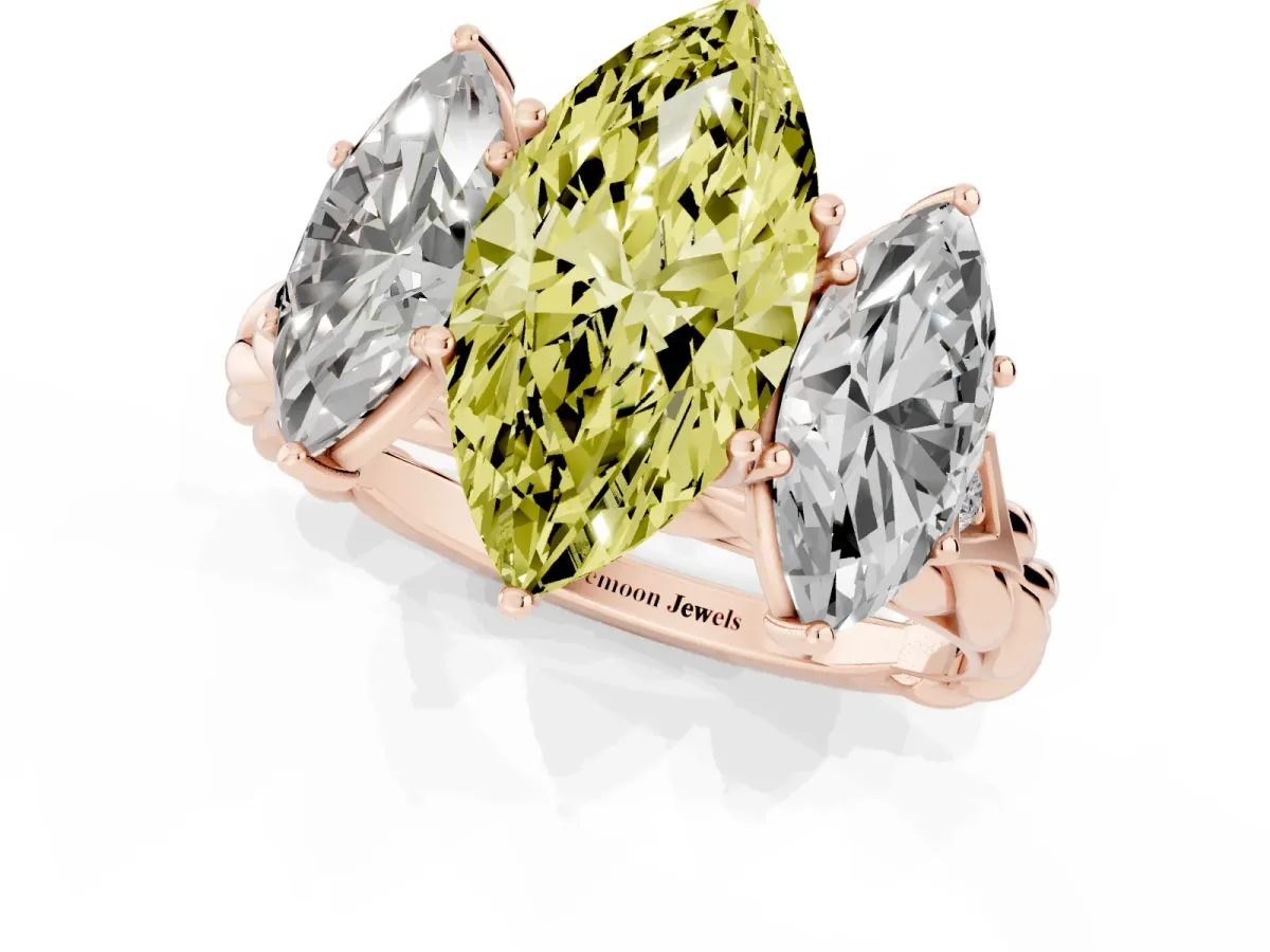 Fancy Yellow Three-Stone Marquise Cut Diamond Braided Band Ring with Four-Prong Setting Rose gold