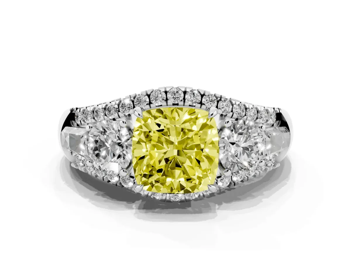 Fancy Yellow Three-Stone Cushion Cut Diamond Engagement Ring with Pave Band and Prong Setting Silver