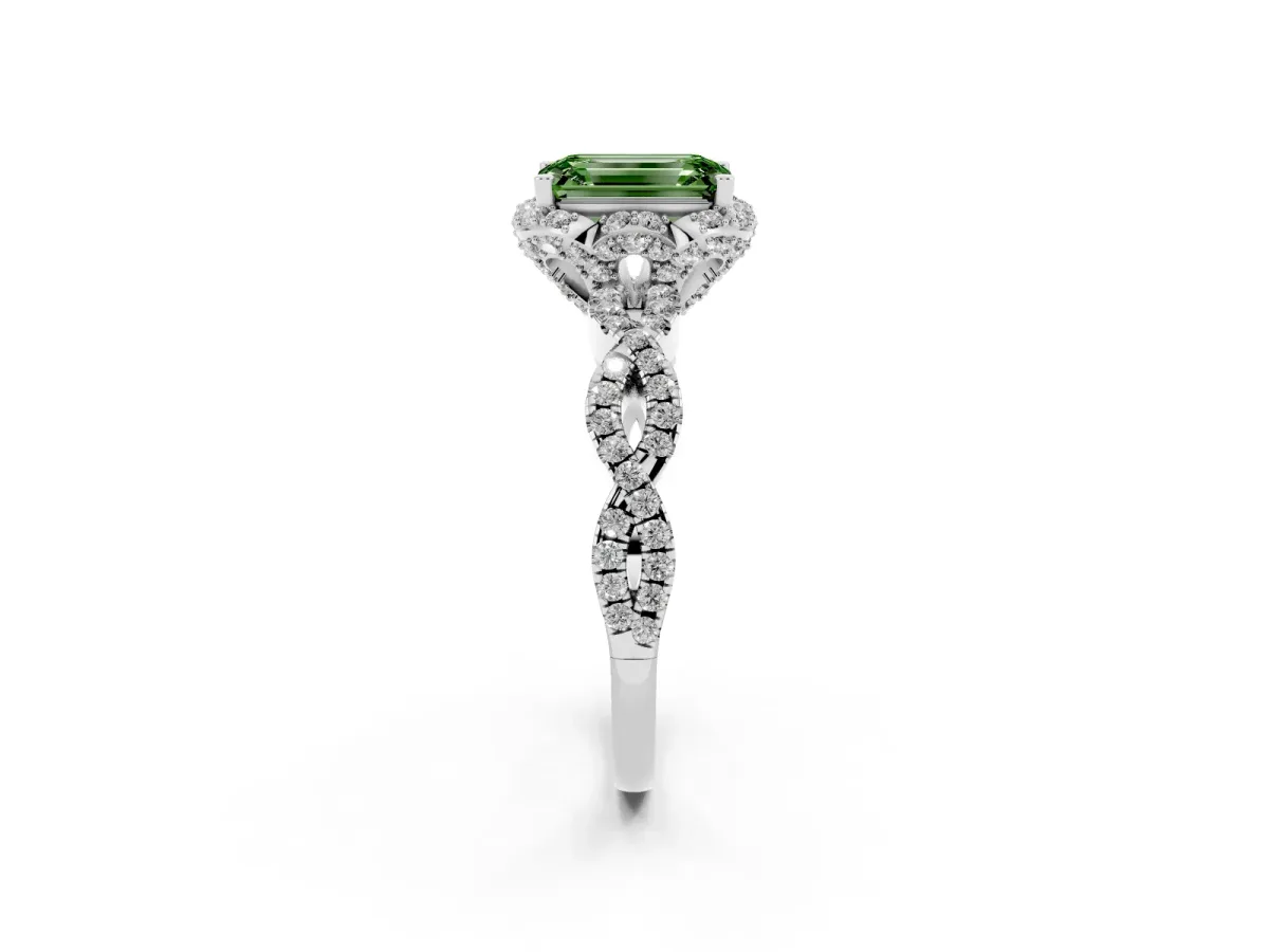 Fancy Green Emerald Cut Halo Twist Band Solitaire Ring with Six-Prong Setting Silver
