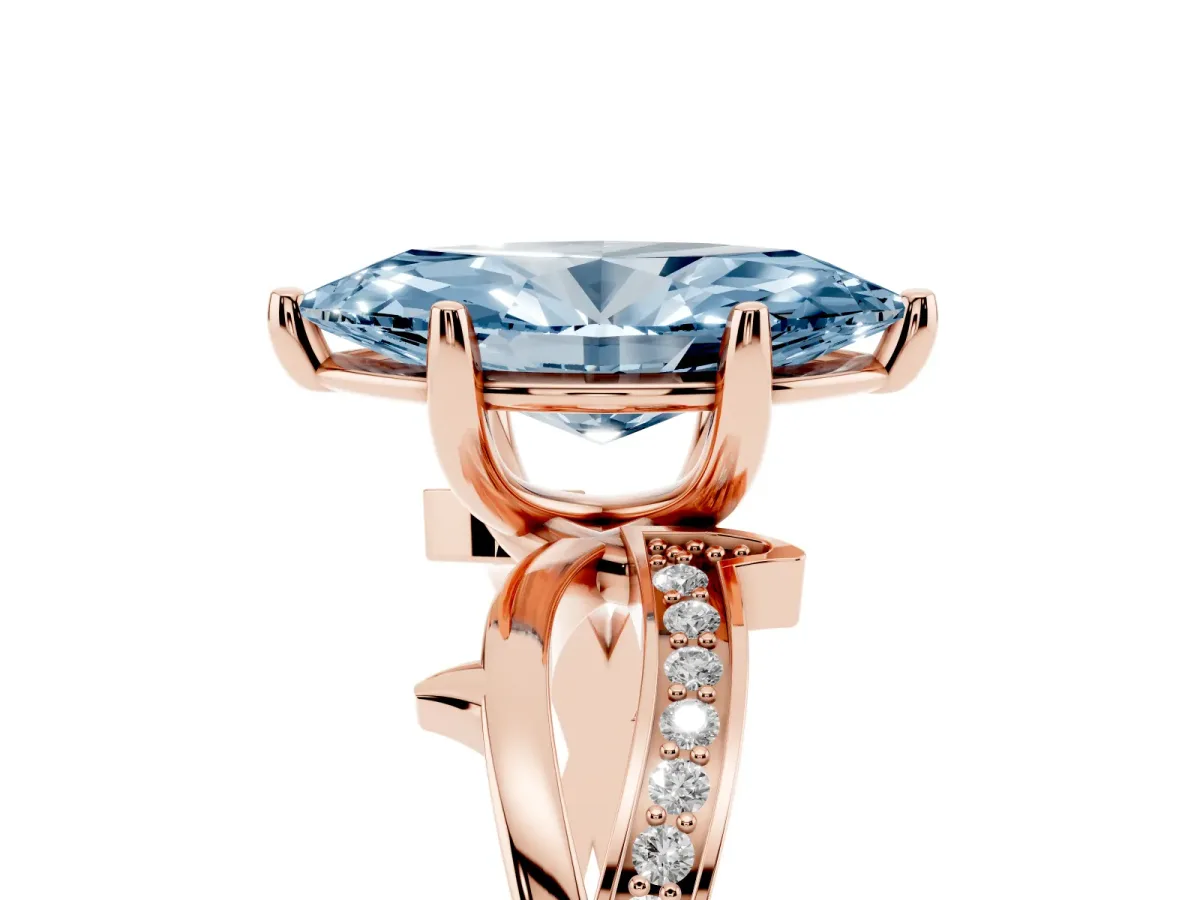 Fancy Blue Marquise Cut Solitaire Twist Band with Pavé Accents and Four-Prong Setting Rose gold