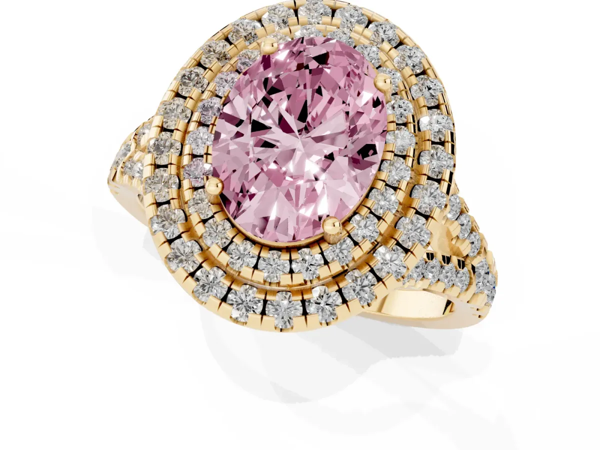 Fancy Pink Double Halo Oval Cut Diamond Pavé Split Shank Ring with Prong Setting Yellow gold