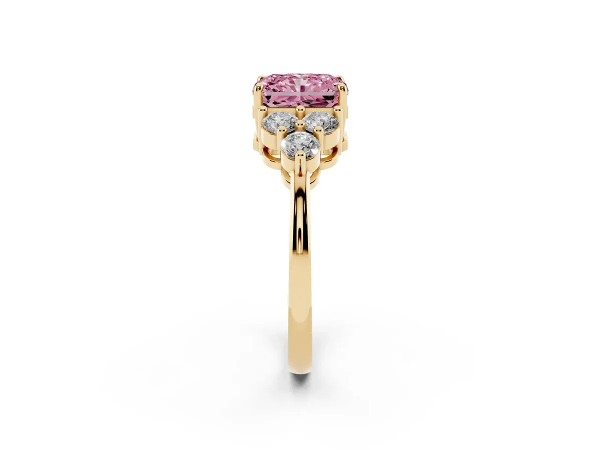 Fancy Pink Radiant Cut Brilliant Diamond Cluster Accent Solitaire Ring with Prong Setting Yellow gold