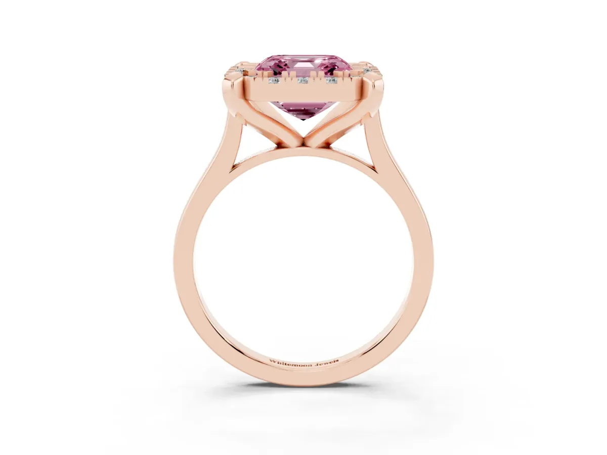 Fancy Pink Asscher Cut Diamond Cluster Halo Solitaire with Four-Prong Setting Rose gold