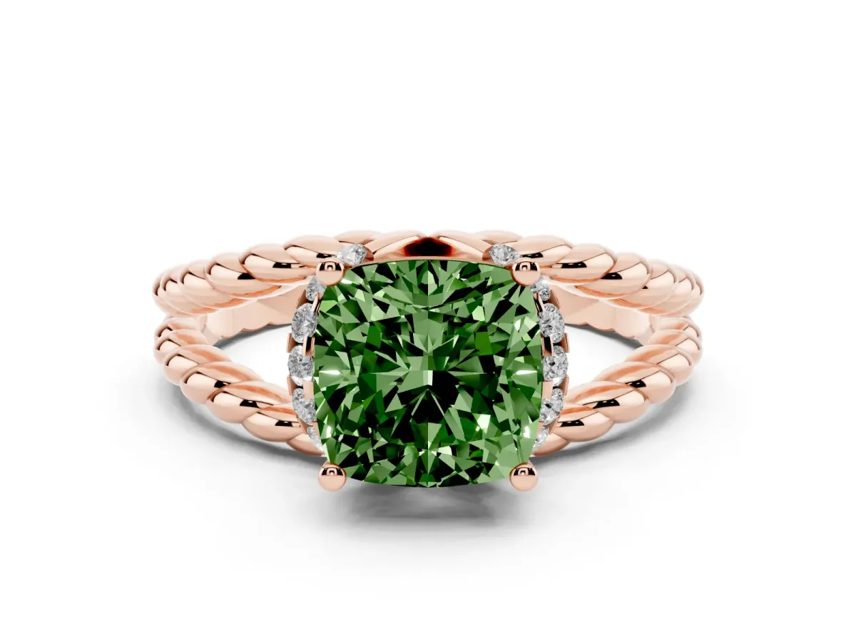 Fancy Green Cushion Cut Halo Twisted Band Four-Prong Ring Rose gold