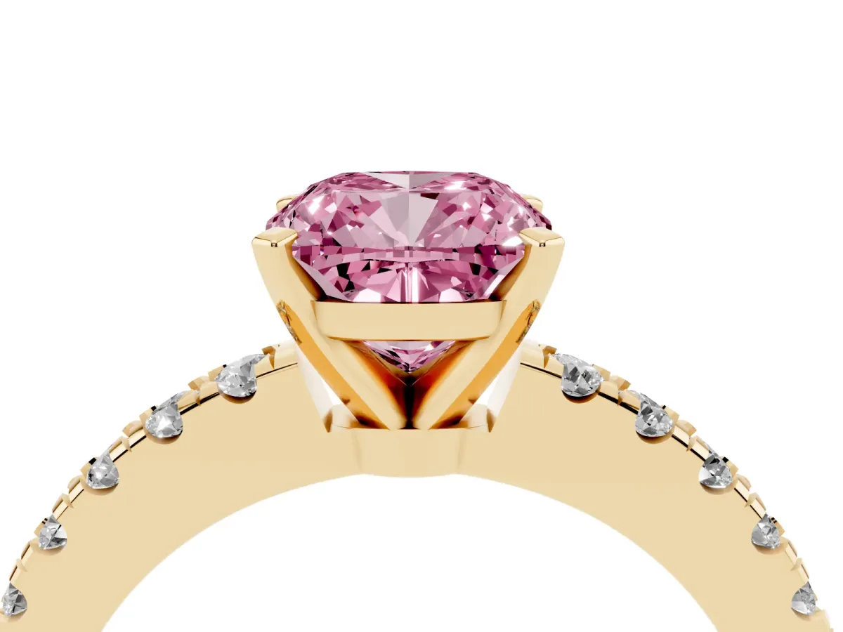 Fancy Pink Cushion Cut Solitaire Diamond with Pavé Band and Four-Prong Setting Yellow gold