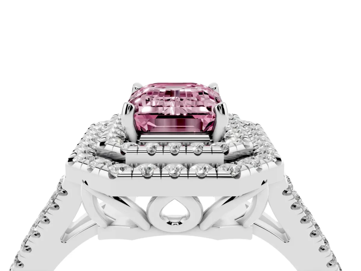Fancy Pink Emerald Cut Diamond Double Halo Ring with Pavé Band and Prong Setting Silver