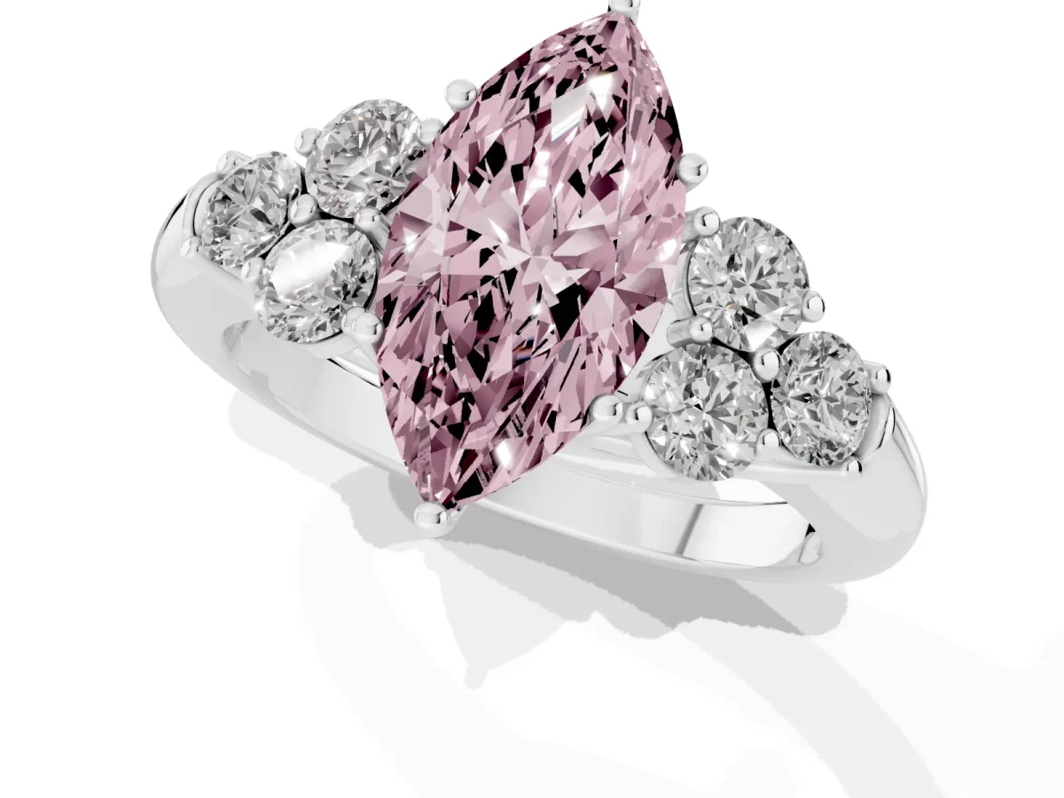 Fancy Pink Marquise Cut Cut Diamond Cluster Ring with Round Accent Stones and Prong Setting on a Classic Band Platinum