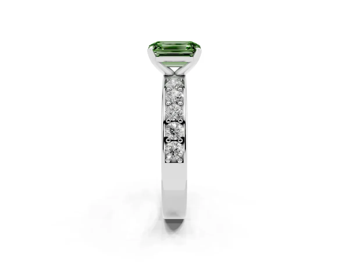 Fancy Green Emerald Cut Diamond Engagement Ring with Channel Set Round Band and Prong Setting Platinum