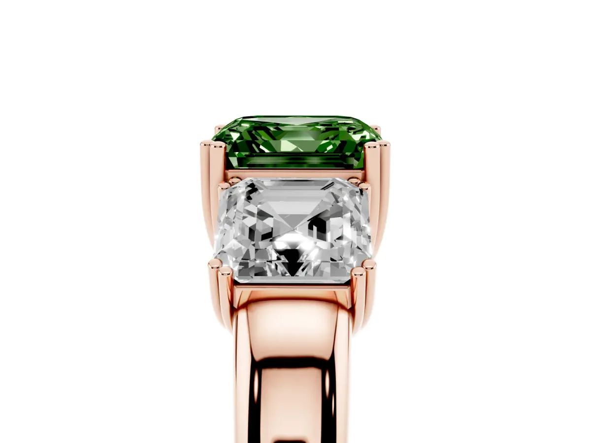 Fancy Green Three-Stone Asscher Cut Cut Diamond Ring with Channel Set Band and Four-Prong Setting Rose gold
