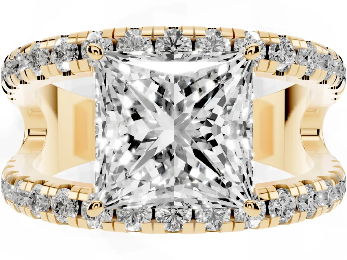 Princess Cut Solitaire Split Shank Pave Diamond Ring Yellow gold