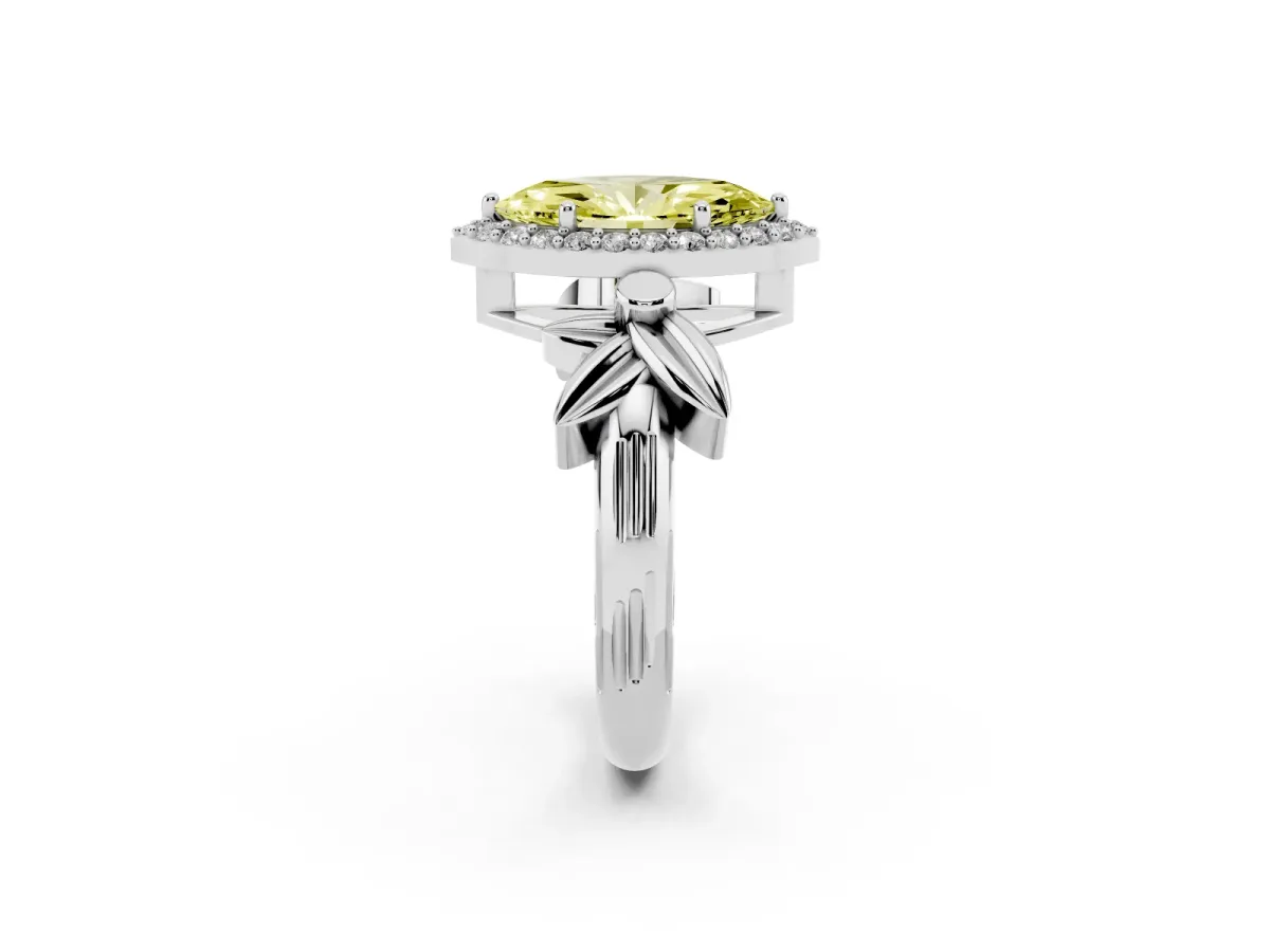 Fancy Yellow Marquise Cut Halo Diamond Floral Band with Four-Prong Setting Platinum