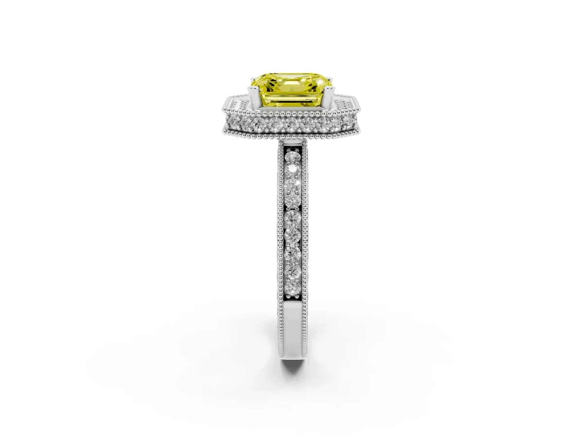 Fancy Yellow Asscher Cut Diamond Milgrain Halo Engagement Ring with Round Pavé Band and Prong Setting Platinum