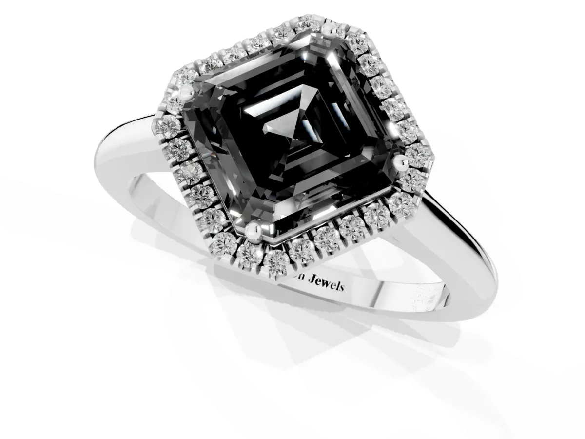 Fancy Black Asscher Cut Halo Round Diamond Solitaire Engagement Ring with Pave Band and Four-Prong Setting Platinum